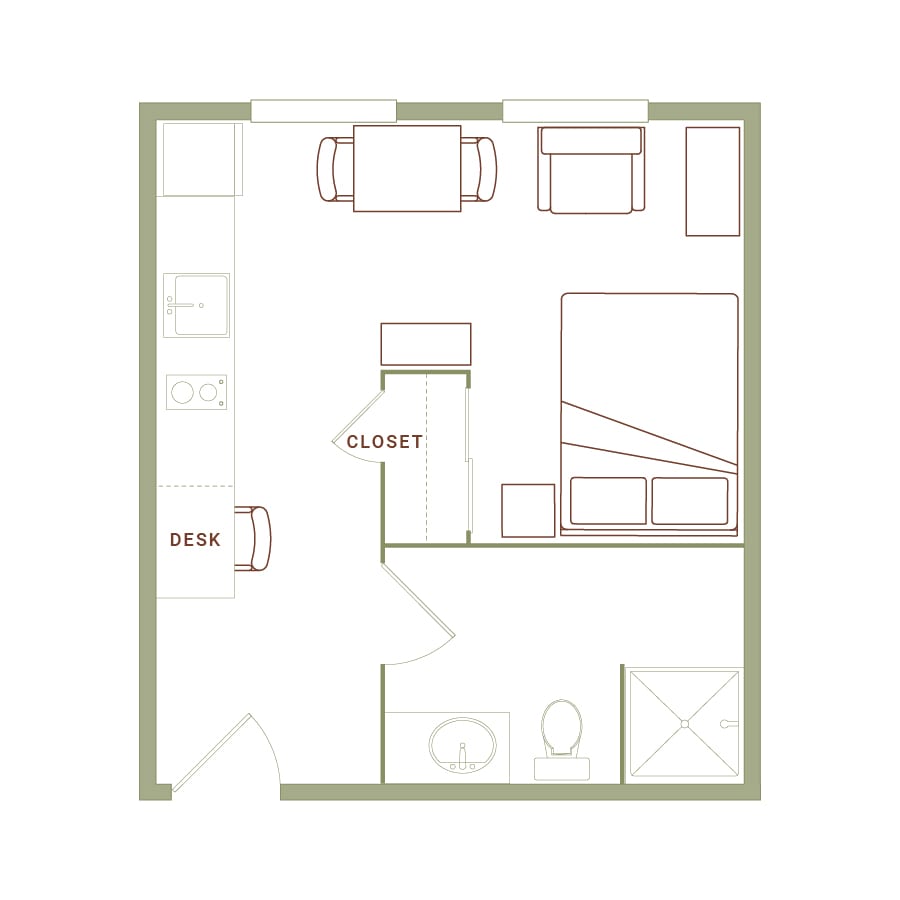Rendering of the Lang floor plan with 1 bedroom[s] and 1 bathroom[s] at The Quayle