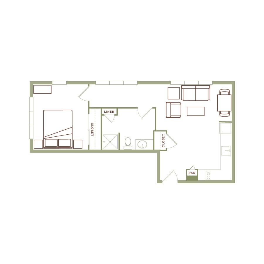 Rendering of the Gagnon floor plan with 1 bedroom[s] and 1 bathroom[s] at The Quayle