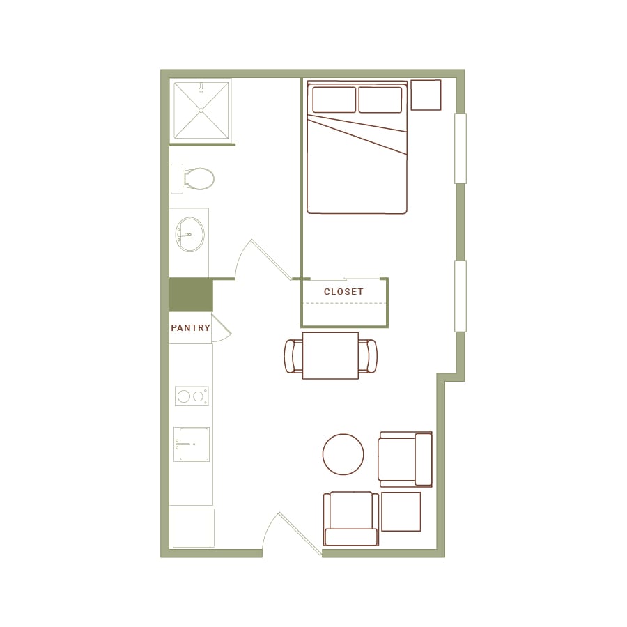 Rendering of the Myers floor plan with 1 bedroom[s] and 1 bathroom[s] at The Quayle
