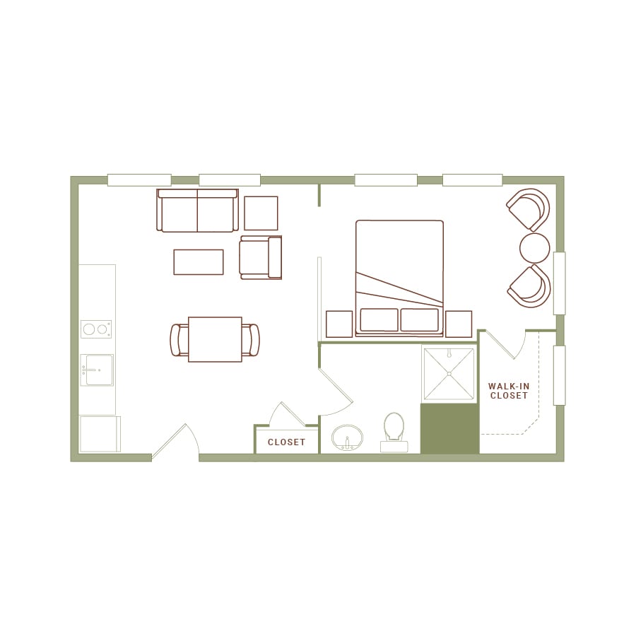 Rendering of the Norton floor plan with 1 bedroom[s] and 1 bathroom[s] at The Quayle