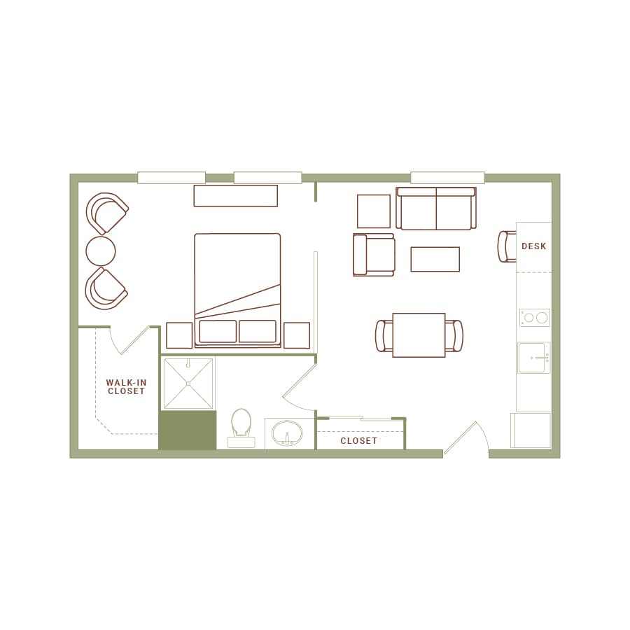 Rendering of the Williamson floor plan with 1 bedroom[s] and 1 bathroom[s] at The Quayle