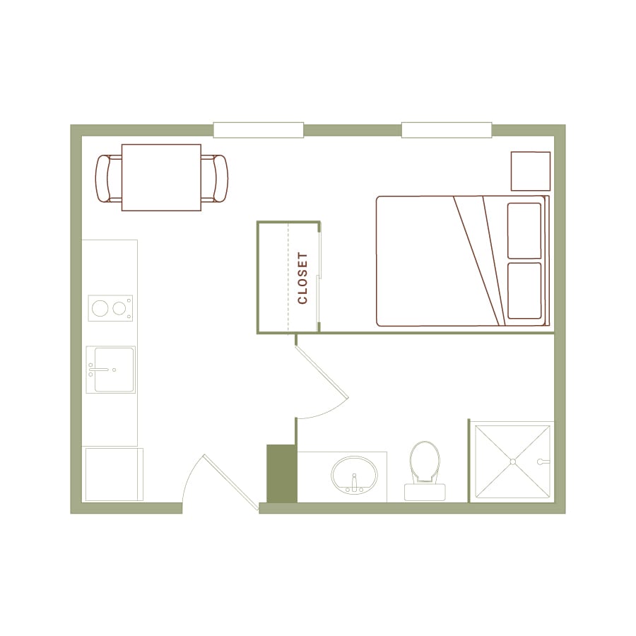 Rendering of the Deaton floor plan with 1 bedroom[s] and 1 bathroom[s] at The Quayle