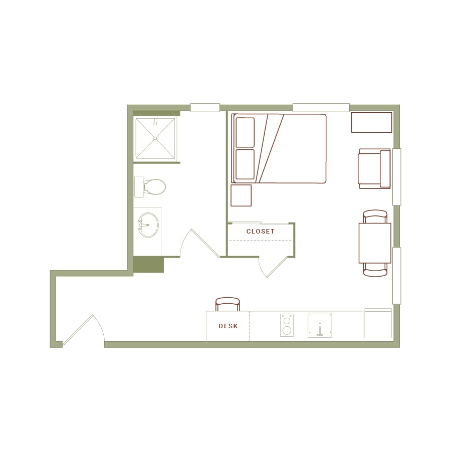 Rendering of the Libeskind floor plan with 1 bedroom[s] and 1 bathroom[s] at The Quayle