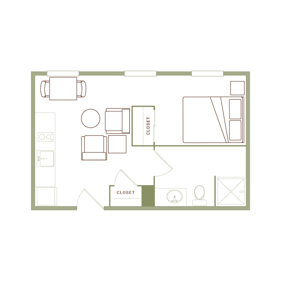 Rendering of the Johnson floor plan with 1 bedroom[s] and 1 bathroom[s] at The Quayle