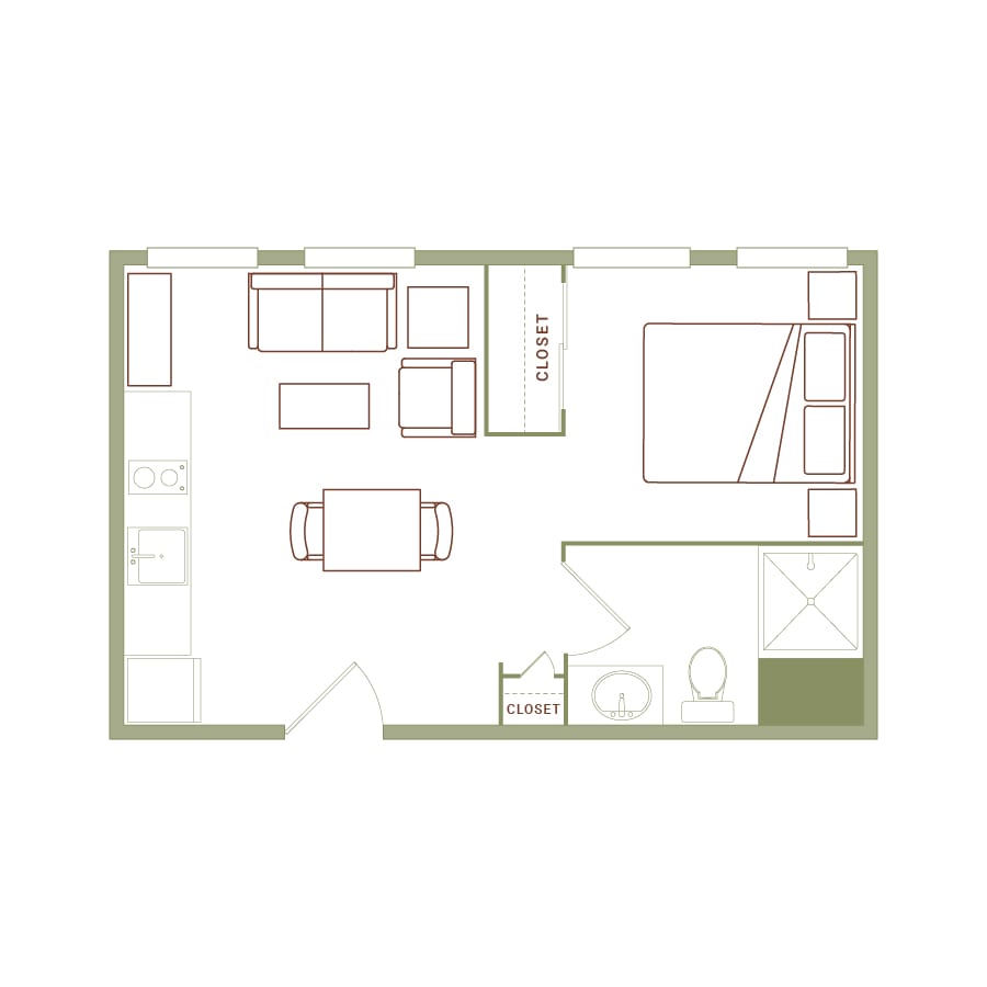 Rendering of the Fallis floor plan with 1 bedroom[s] and 1 bathroom[s] at The Quayle