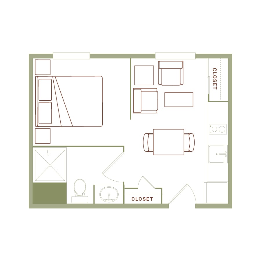 Rendering of the Buell REV floor plan with 1 bedroom[s] and 1 bathroom[s] at The Quayle