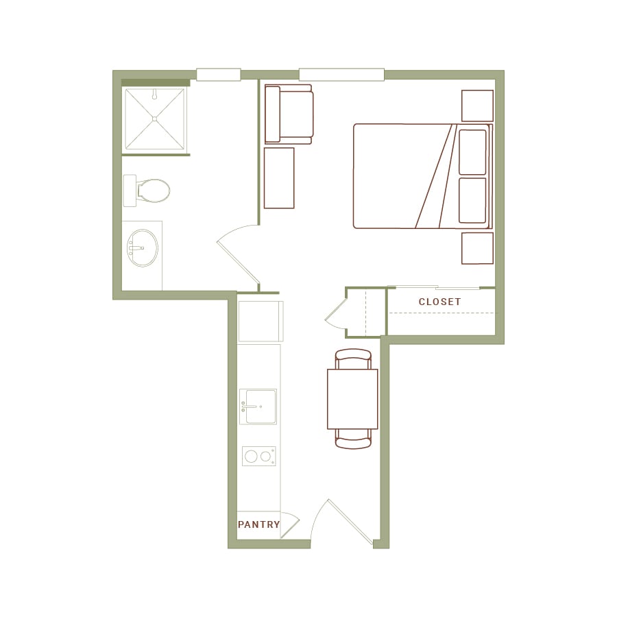 Rendering of the Gove floor plan with a Studio bedroom and 1 bathroom[s] at The Quayle