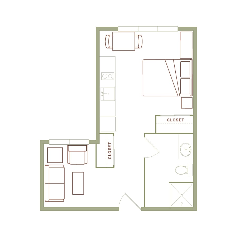 Rendering of the Fisher floor plan with 1 bedroom[s] and 1 bathroom[s] at The Quayle