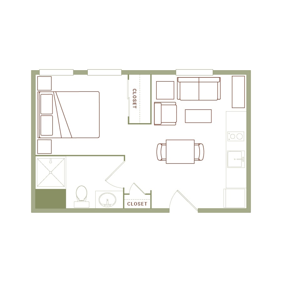 Rendering of the Buell floor plan with 1 bedroom[s] and 1 bathroom[s] at The Quayle