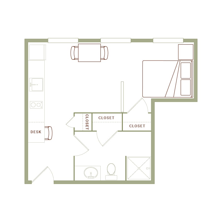 Rendering of the Graves floor plan with 1 bedroom[s] and 1 bathroom[s] at The Quayle