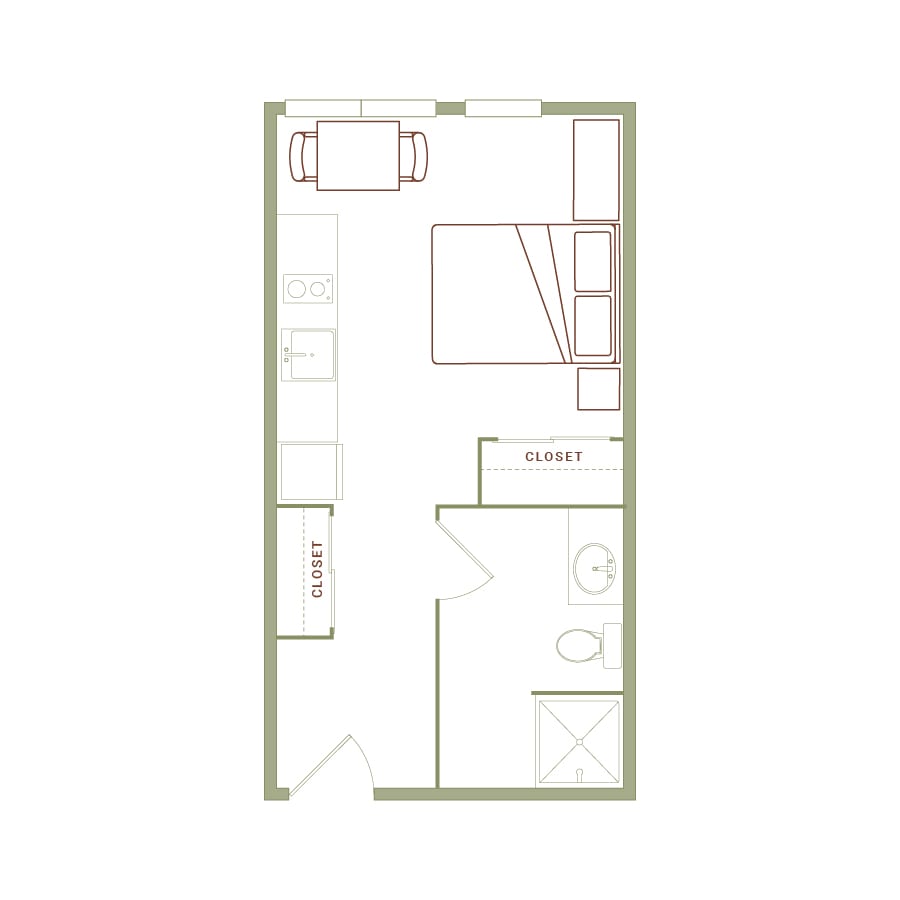 Rendering of the Benedict floor plan with a Studio bedroom and 1 bathroom[s] at The Quayle