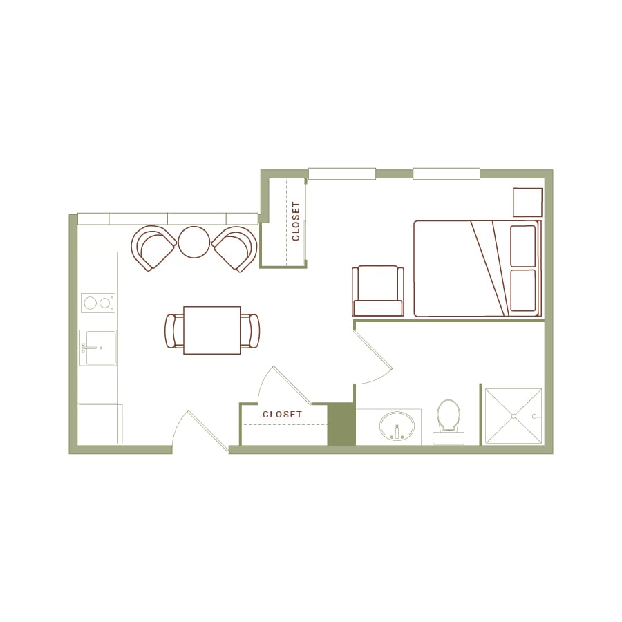 Rendering of the Edbrooke floor plan with 1 bedroom[s] and 1 bathroom[s] at The Quayle