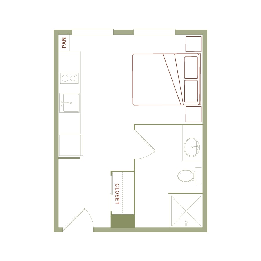 Rendering of the Sterner floor plan with a Studio bedroom and 1 bathroom[s] at The Quayle