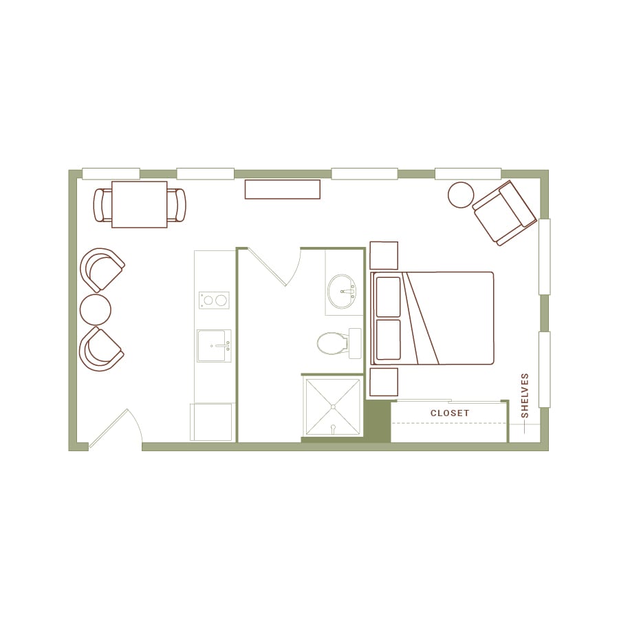 Rendering of the Hoyt floor plan with 1 bedroom[s] and 1 bathroom[s] at The Quayle